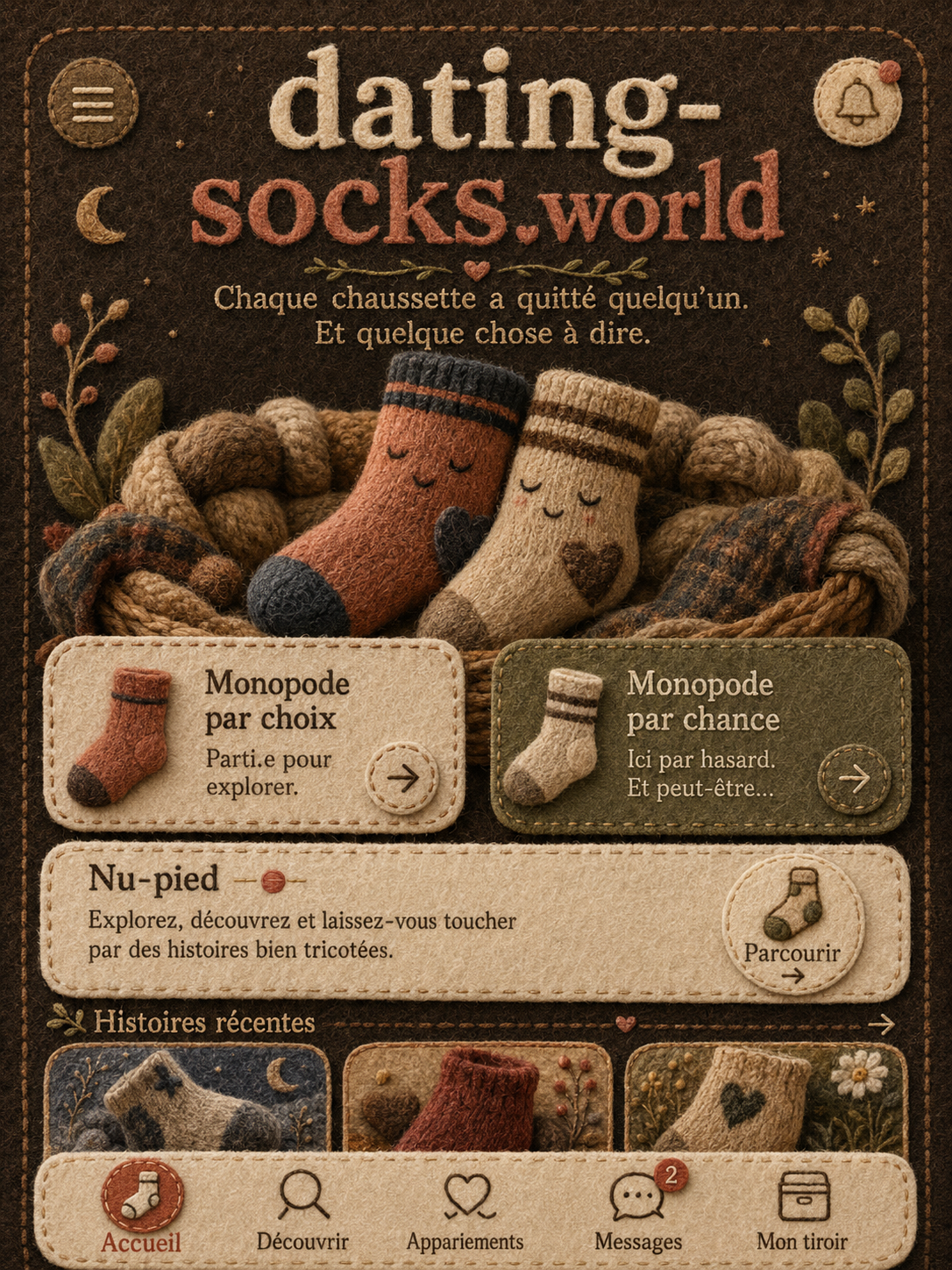 Interface feutrée de dating-socks.world, réseau social poétique pour chaussettes égarées